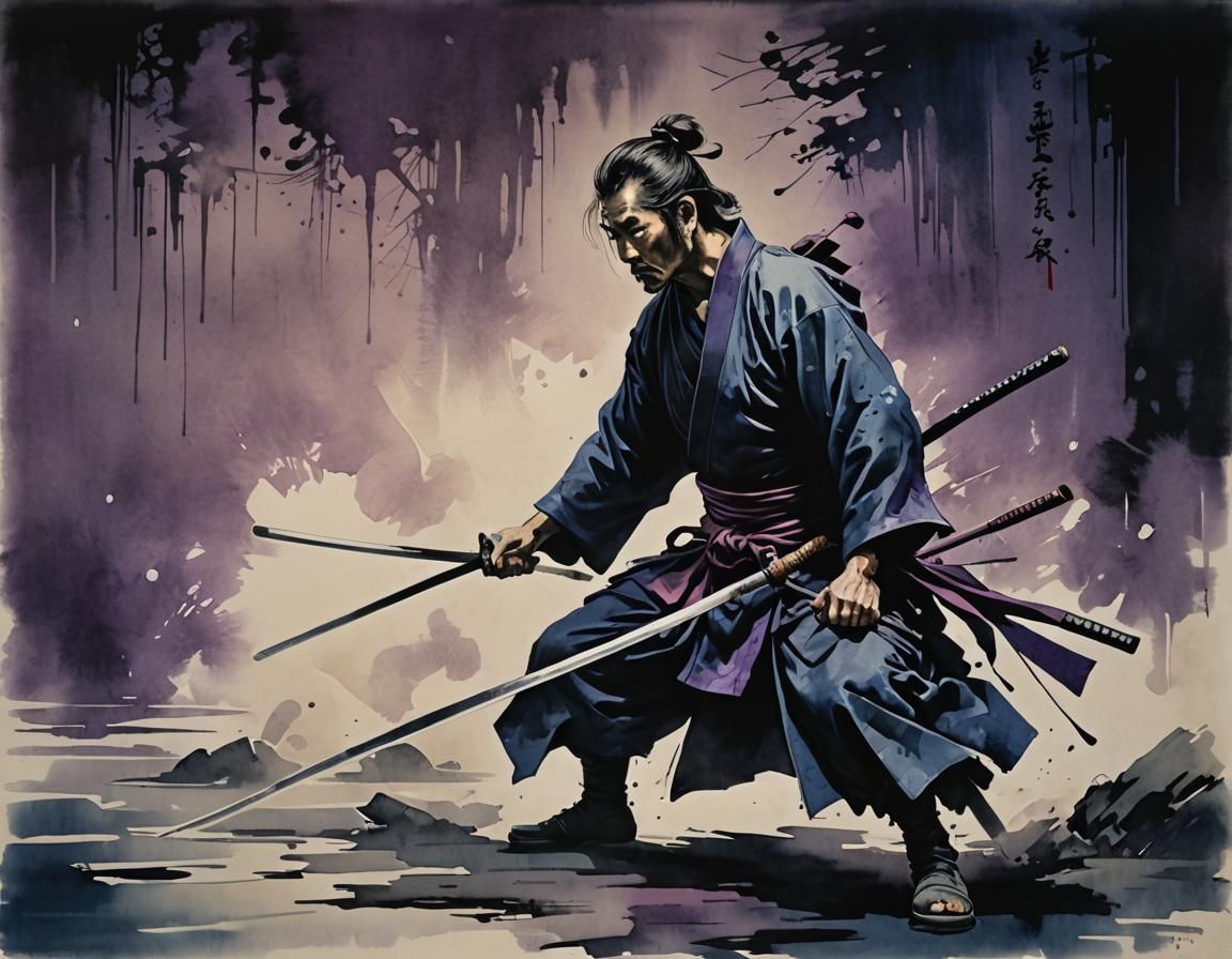 Samurai with Katana in Dark Romanticism Style
