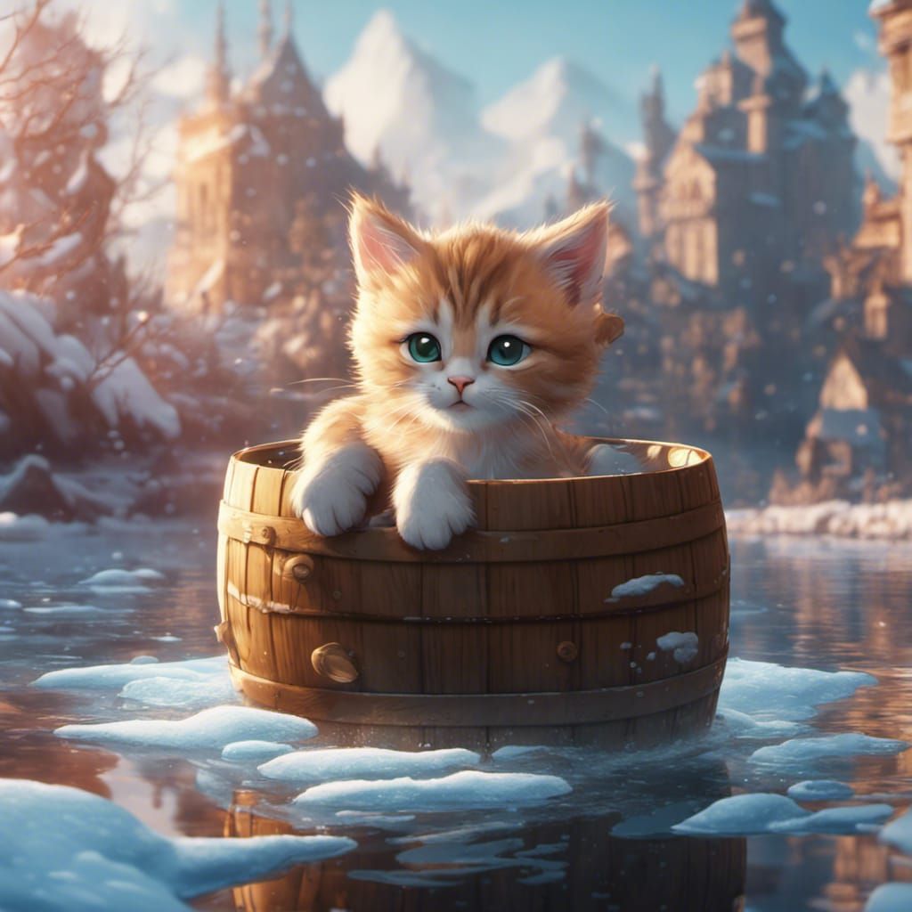 Kitten's Icy River Journey in Anime Style