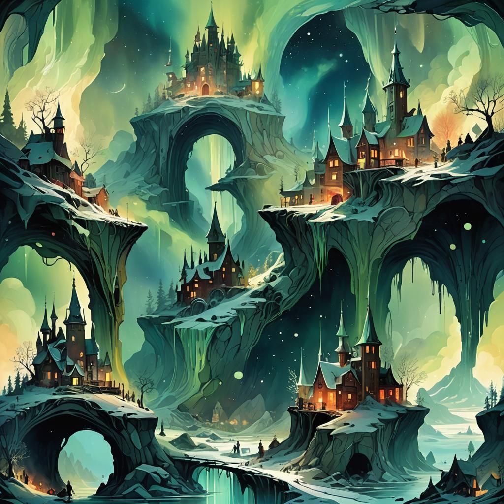 Surreal Fantasy Village Under Northern Lights