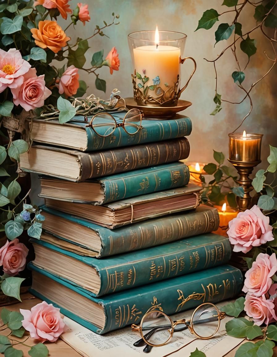 Floral Still Life with Books in Matte Painting Style
