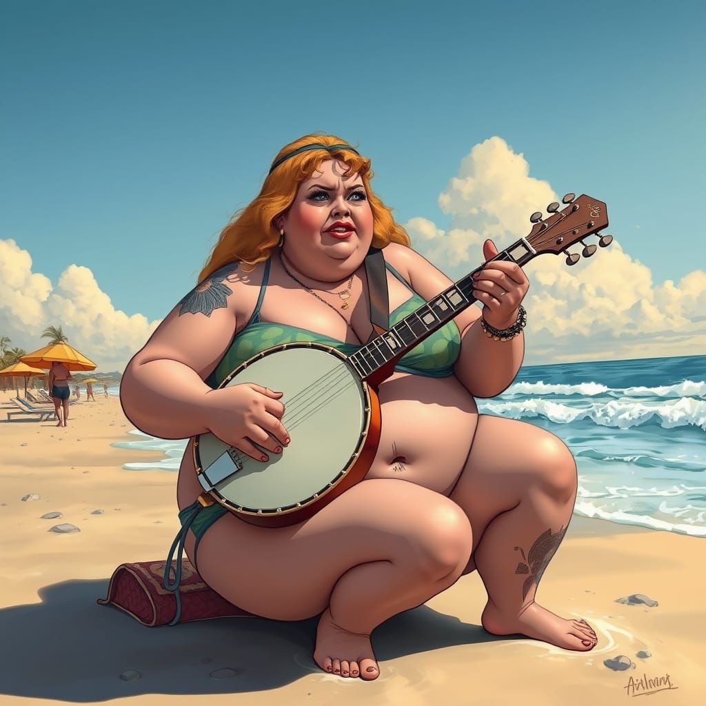 Woman Plays Banjo on Beach in Comic Book Art