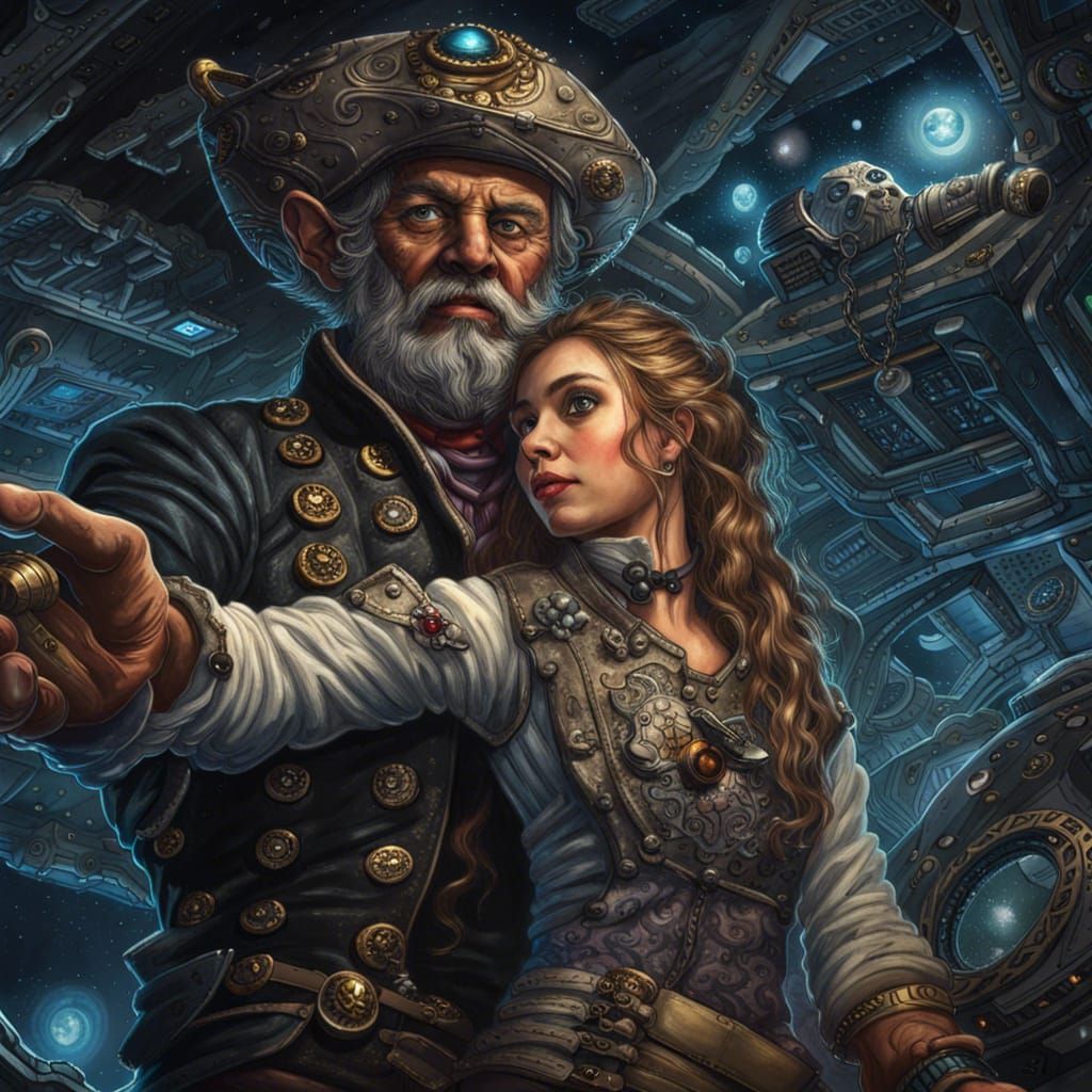 Space Pirates Capture Young Lady: Hyperdetailed Matte Painti...