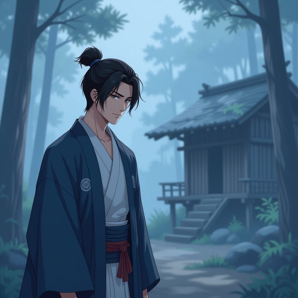 Man in Japanese Robe in Misty Forest, 2.5D Anime Style