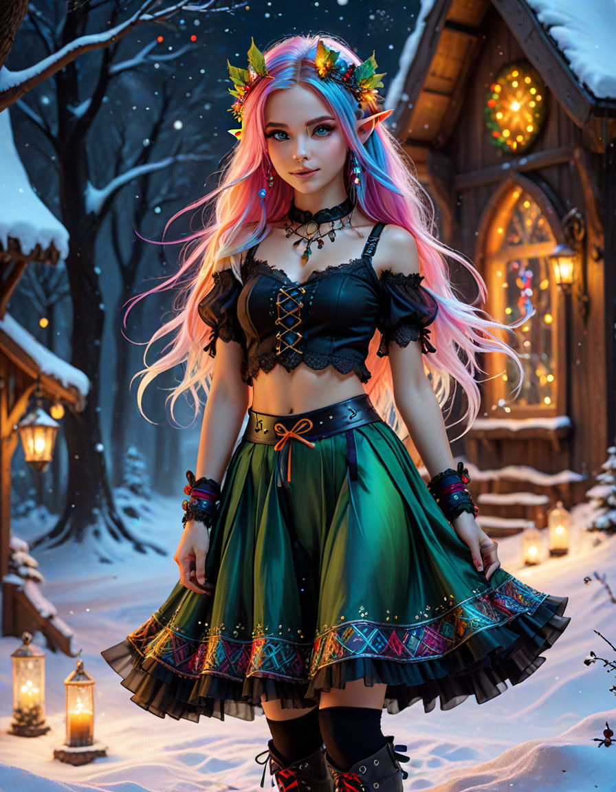 Vibrant Punk Bohemian Christmas Elf in Whimsical Digital Art