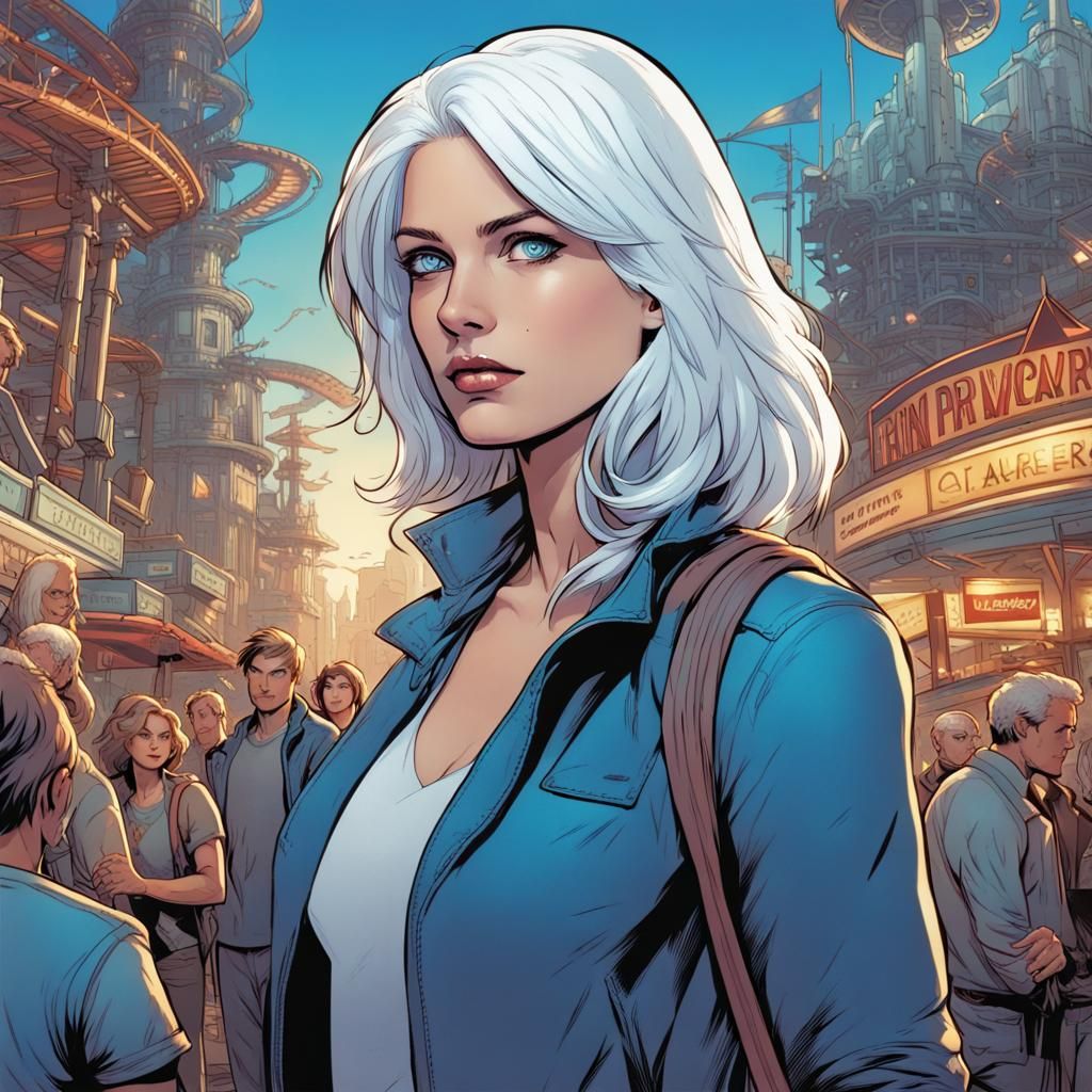 White-Haired Woman in Theme Park, Comic Book Art