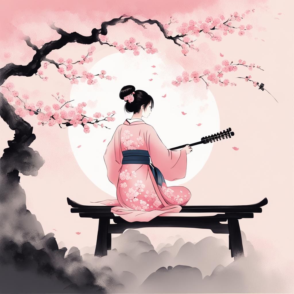 Girl in Kimono Playing Koto: Chinese Ink Painting