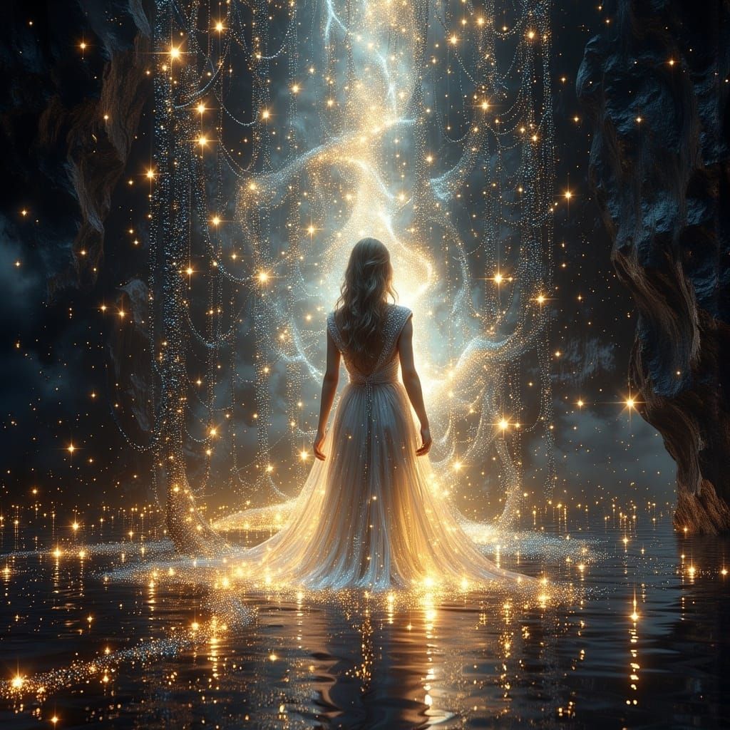 Woman Surrounded by Luminous Cosmic Threads
