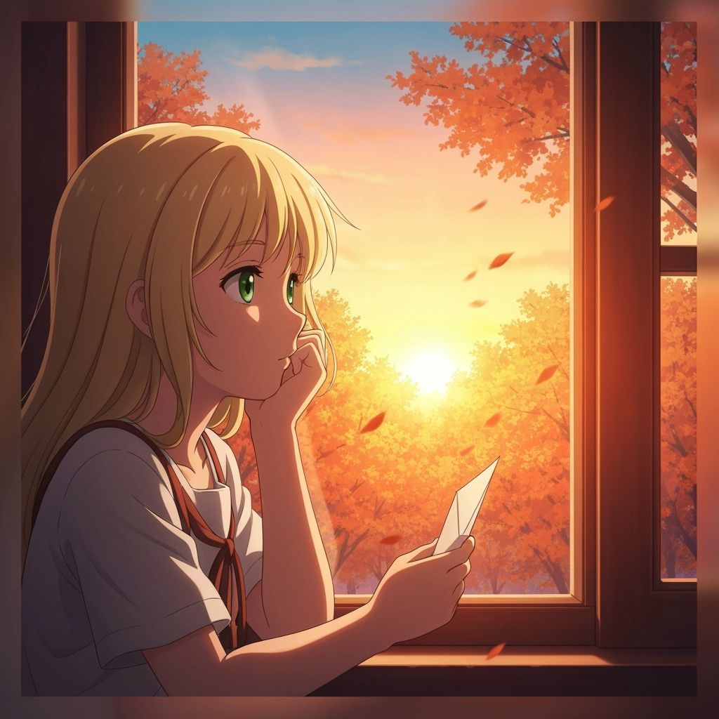 Girl Gazes at Sunset with Letter, Studio Ghibli Style