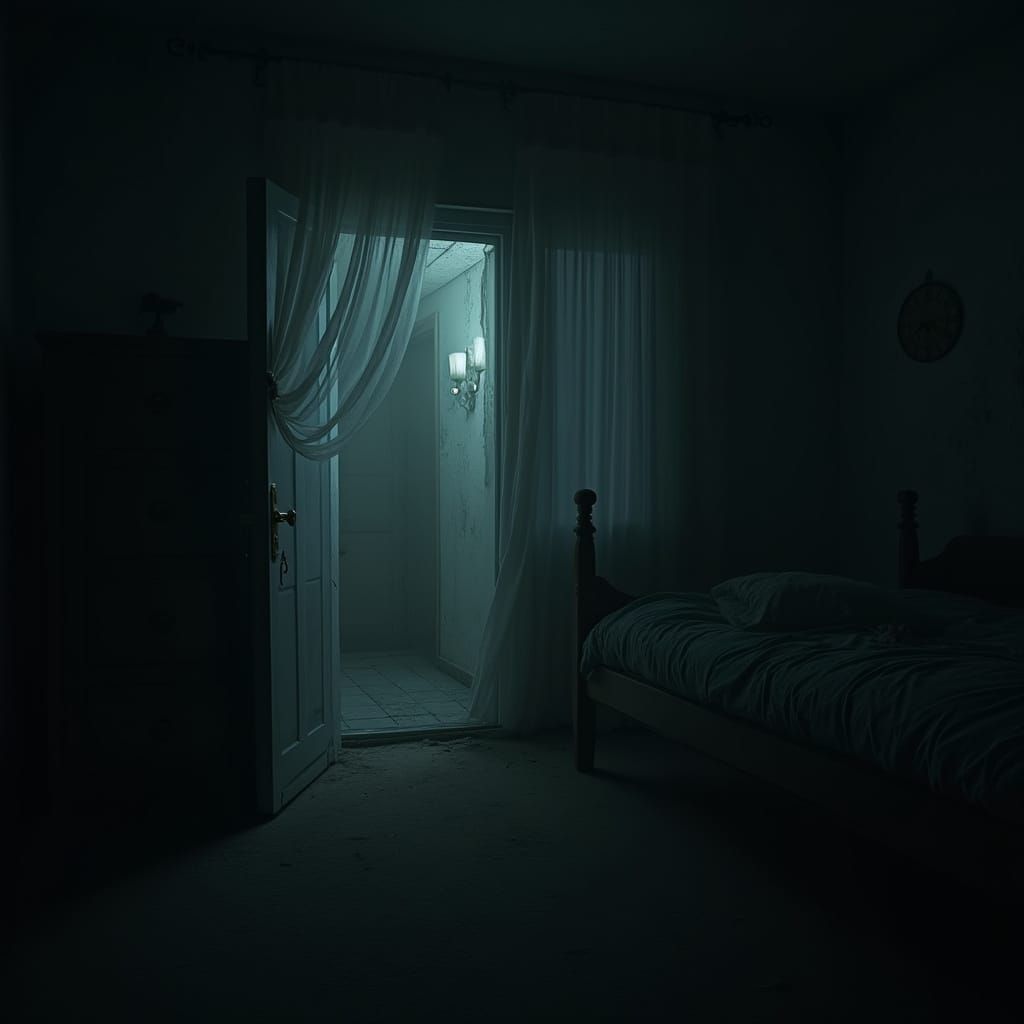 Eerie Midnight Bedroom in a Haunting Atmosphere
