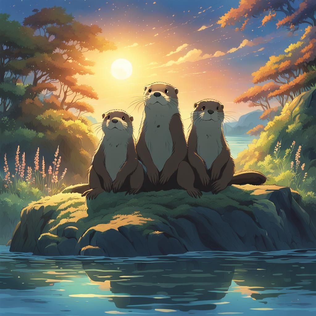 Playful Otters in Anime Style with Luminous Background