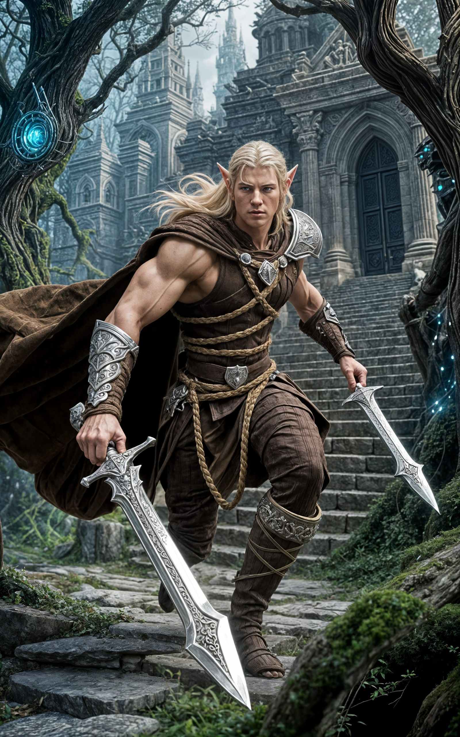 Elf Warrior Sneaking in Fantasy Forest City