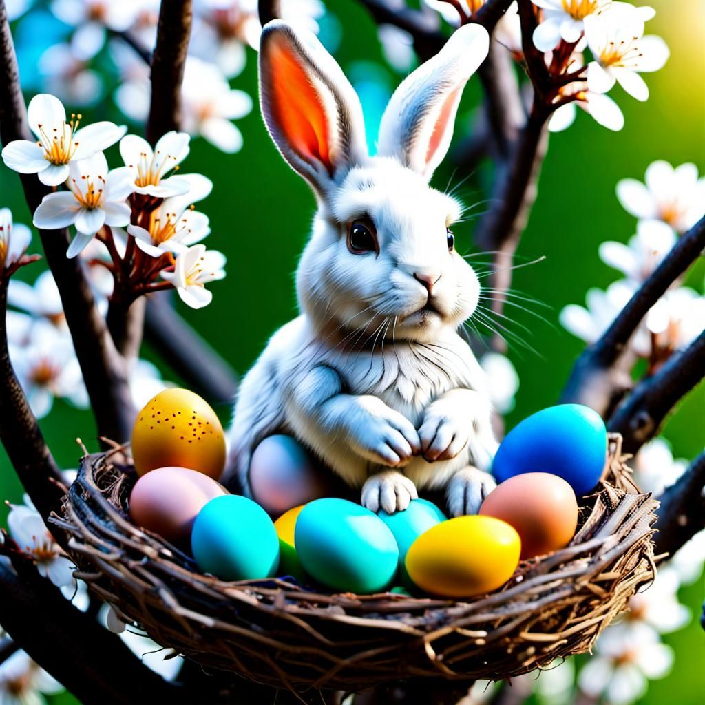 Rabbit with Colorful Eggs in Blossoming Tree