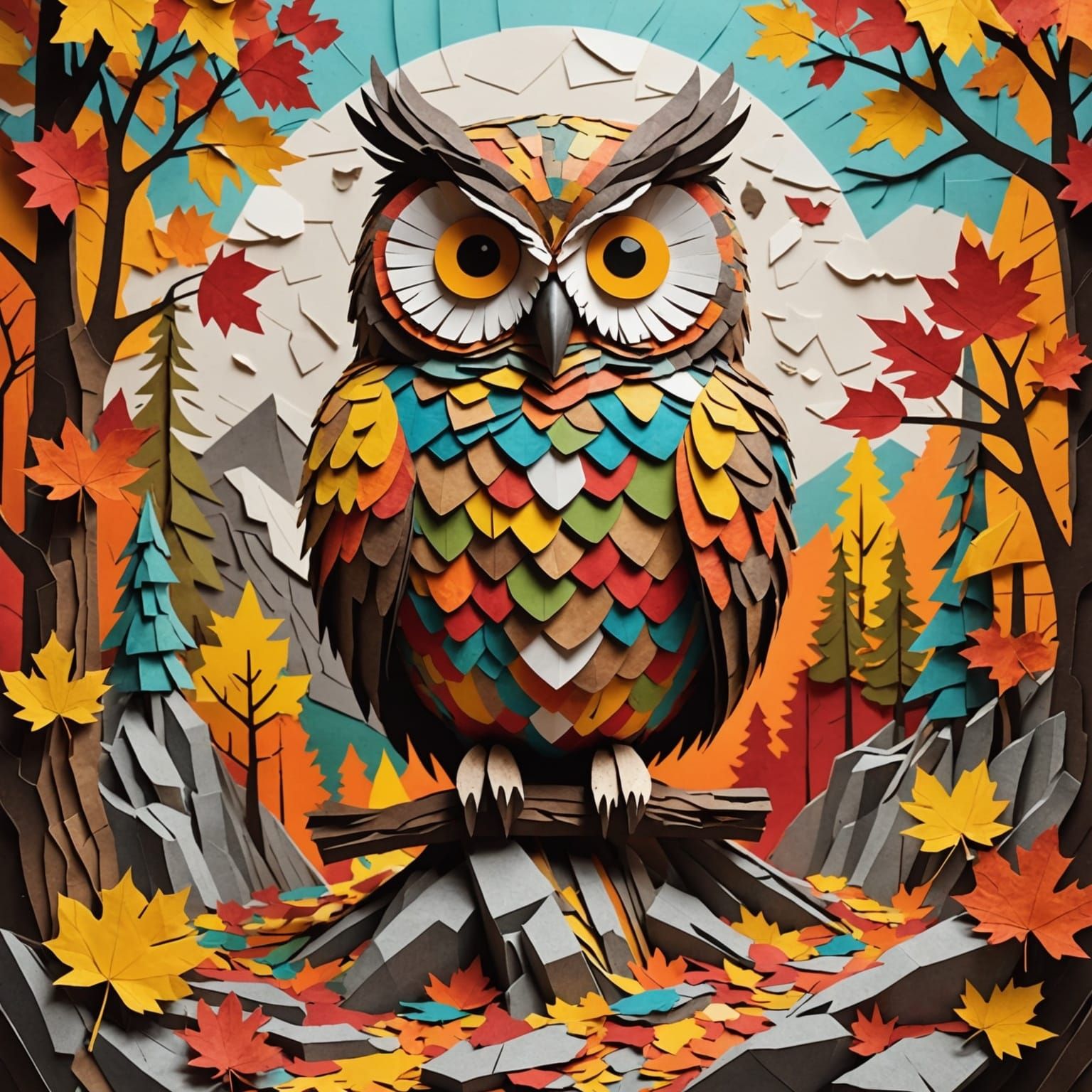 Vibrant 3D Owl Collage in Autumn Forest