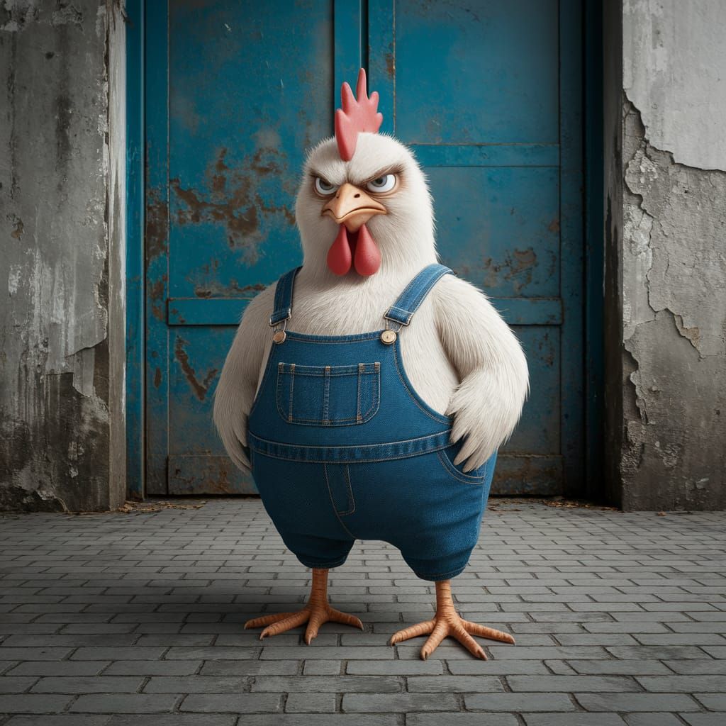 Grumpy Chicken in Overalls in Urban Setting