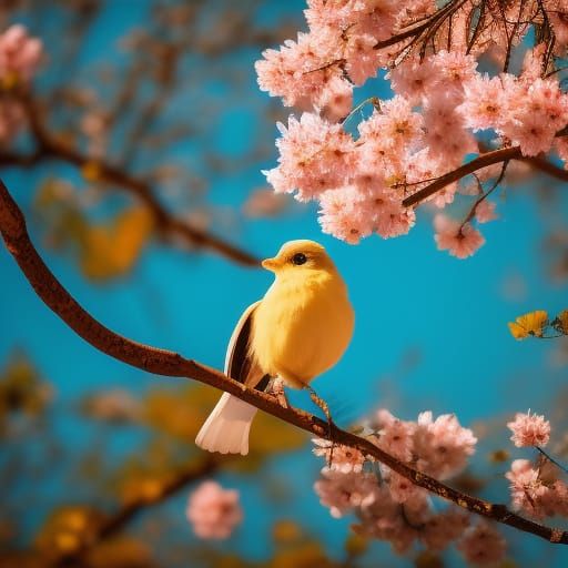 Songbird on Sakura Tree with Turquoise Waterfalls
