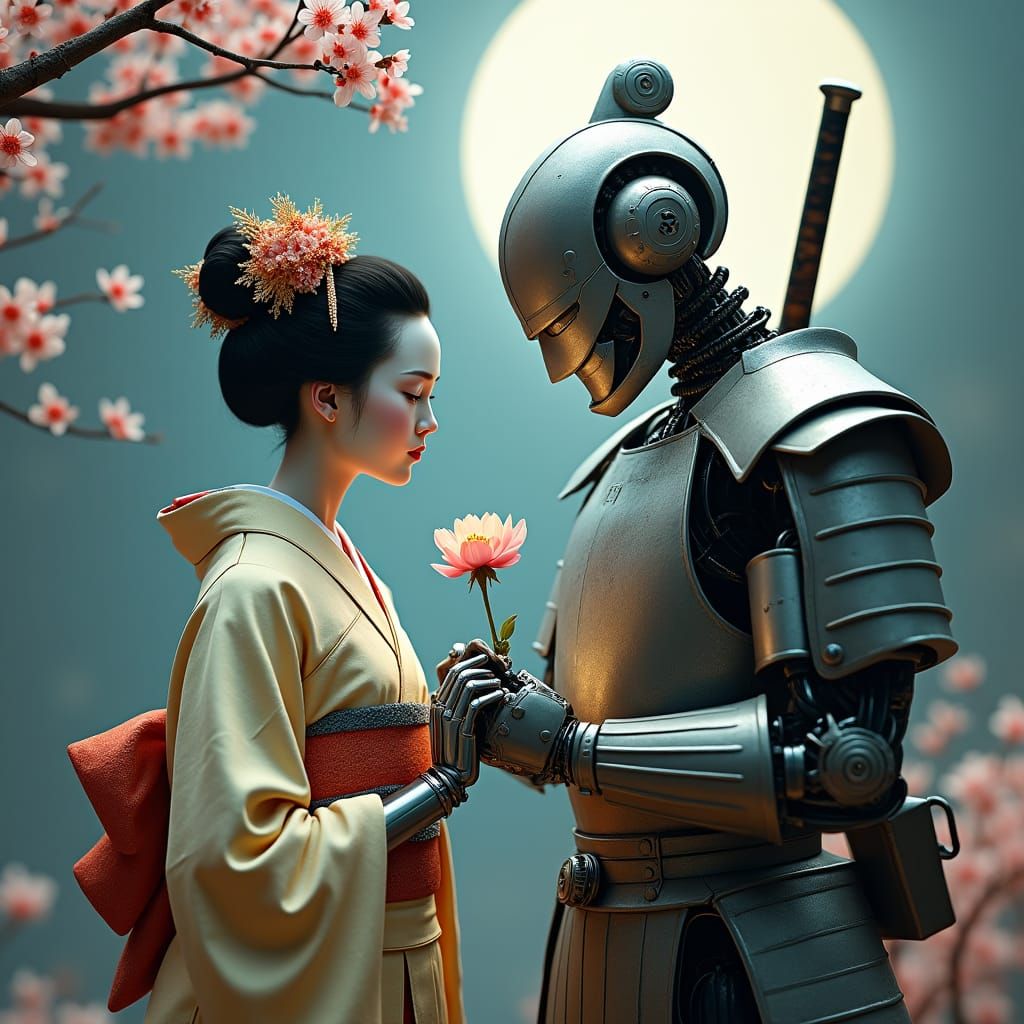 Robotic Geisha and Samurai Farewell in Japanese Garden