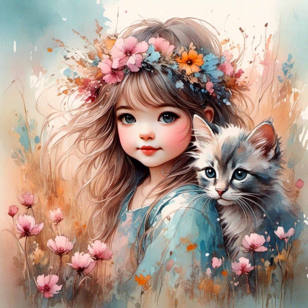 Kittens in Wildflower Meadow Watercolor Painting