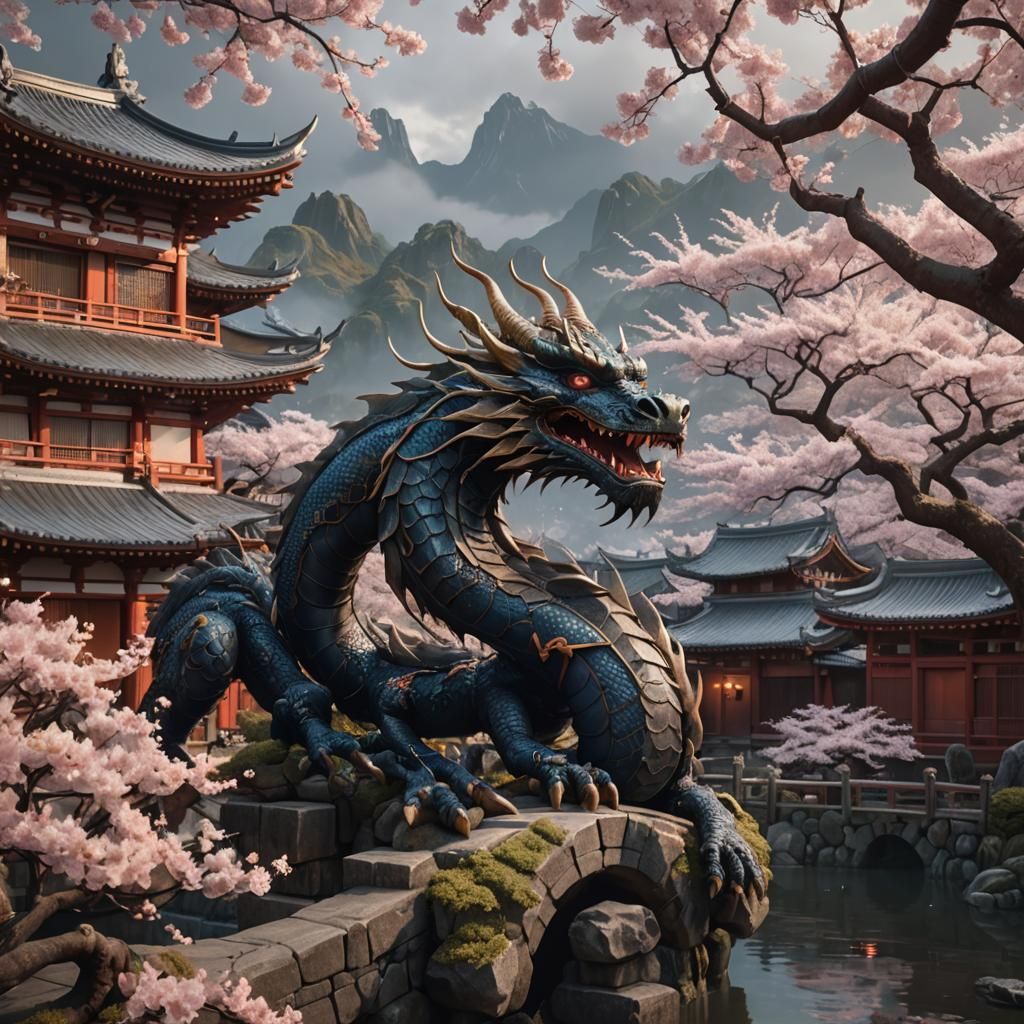 Dragon Amidst Japanese Cherry Blossoms: Fantasy Concept Art