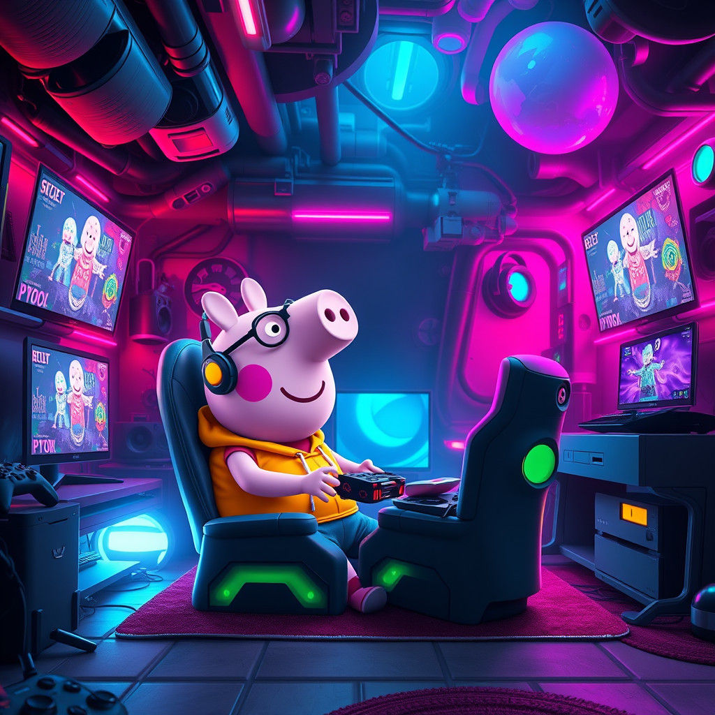 Peppa Pig as Gamer in Neon Cyberpunk Lair