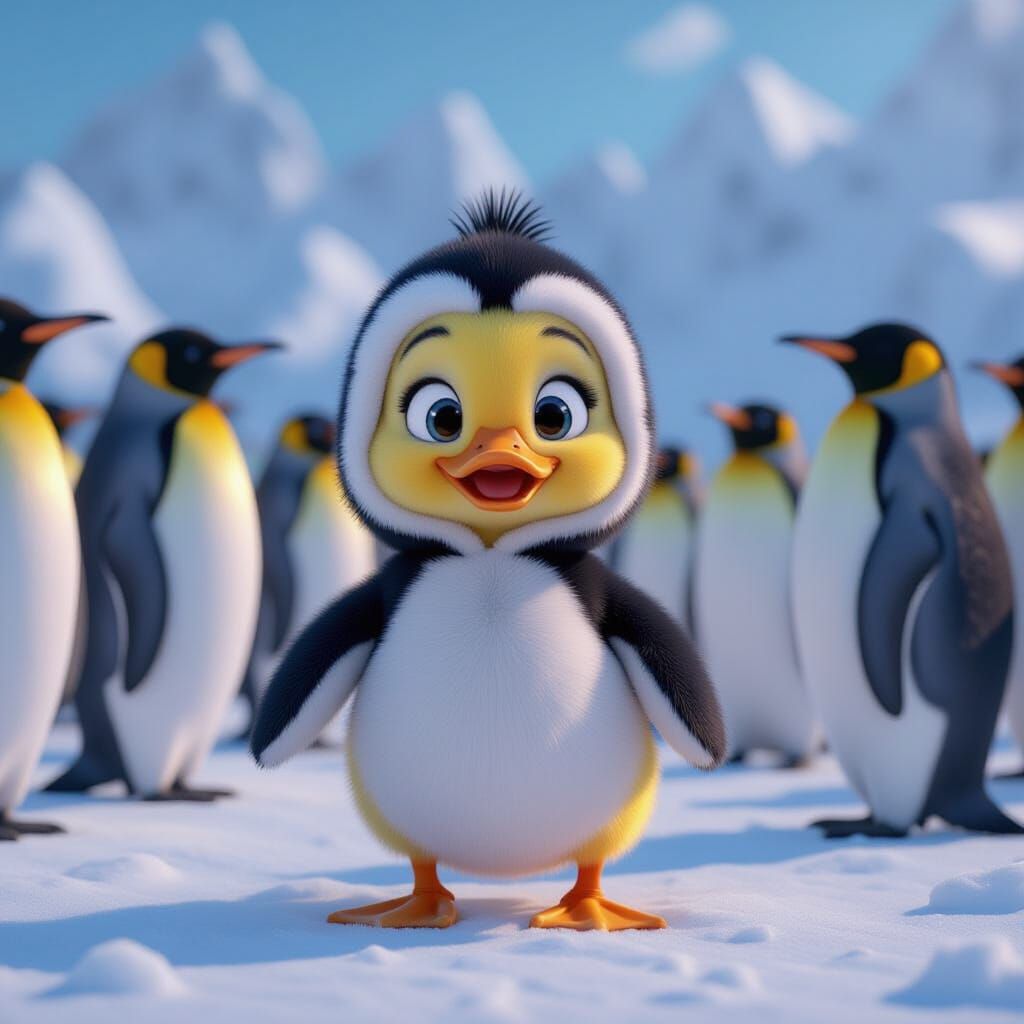 Fluffy Duckling in Penguin Costume Among Confused Penguins