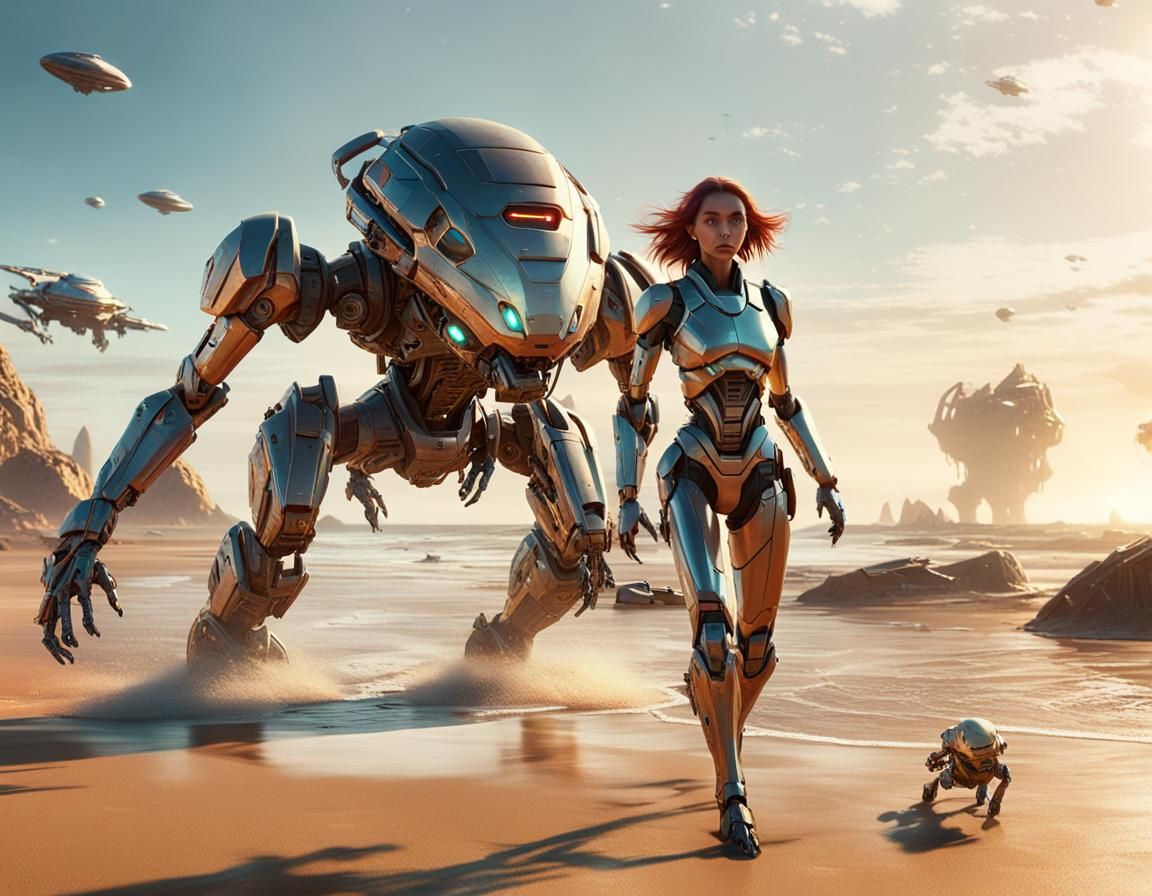 Sci-Fi Beach Run: Spaceships Battle in the Sky