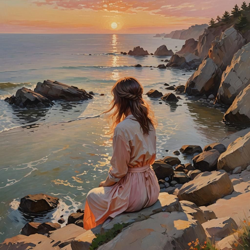 Girl Relaxing on Beach at Sunset: Impressionist Painting