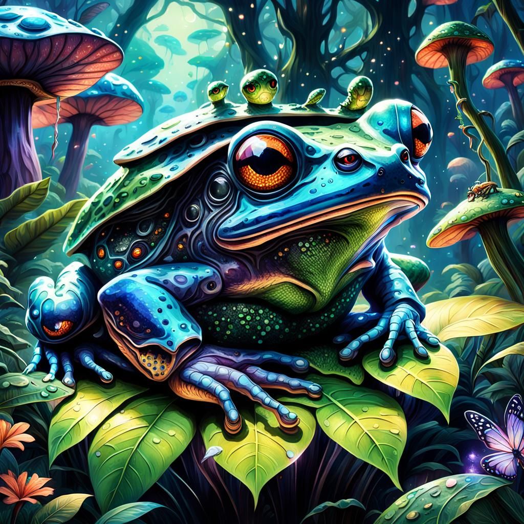 Colossal Alien Frog in a Neon Jungle