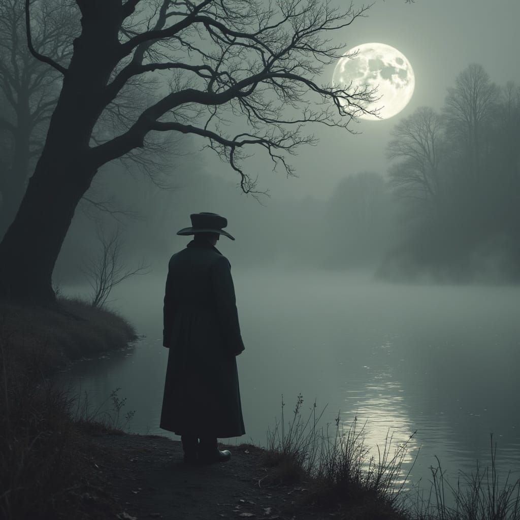 Mysterious Figure on a Moonlit Lake