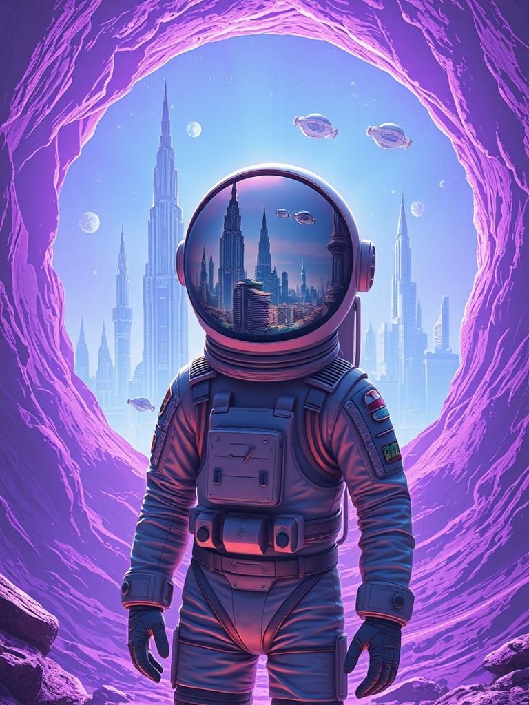 Astronaut Reflects Alien Cityscape