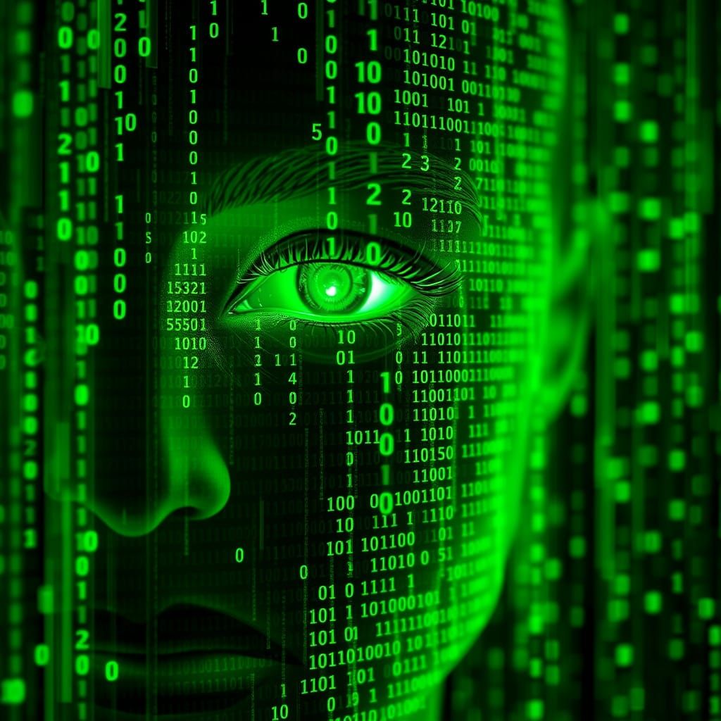 Human Face Formed From Glowing Green Binary Code Streams