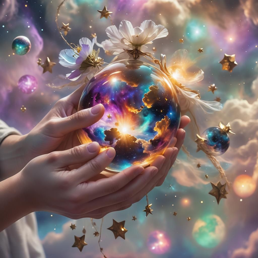Surreal Space Portrait: Person Hugging Glowing Orb