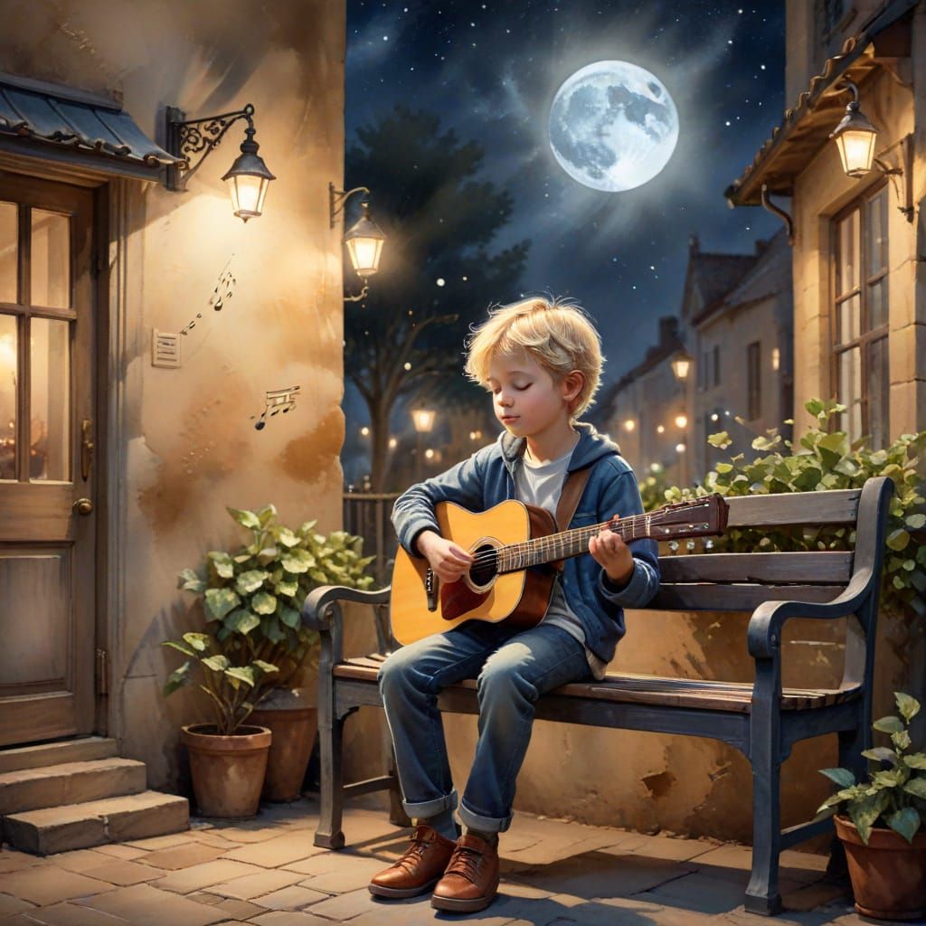Boy Plays Guitar in Cozy Interior, Watercolor Style