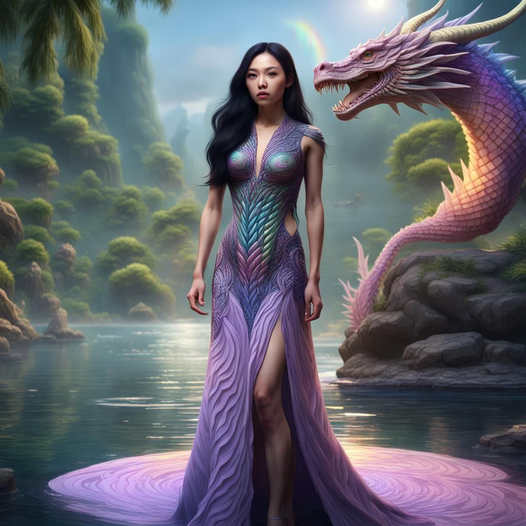 Asian Woman with Dragon in Fantasy Landscape