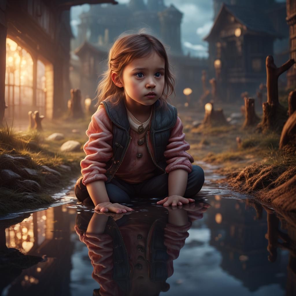 Hopeful Reflection: Girl Sees Future in Puddle