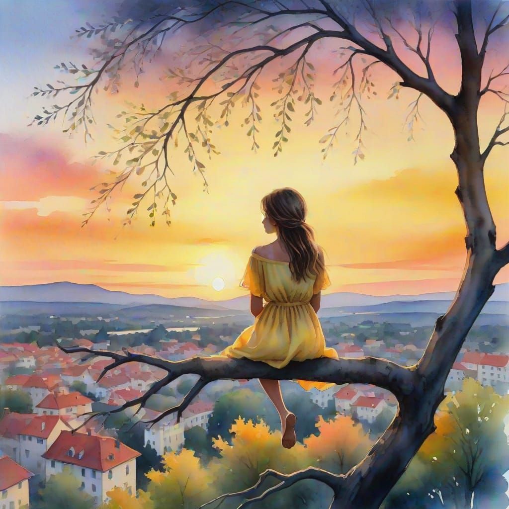 Girl Silhouetted on Tree Branch at Sunset in Watercolor Styl...