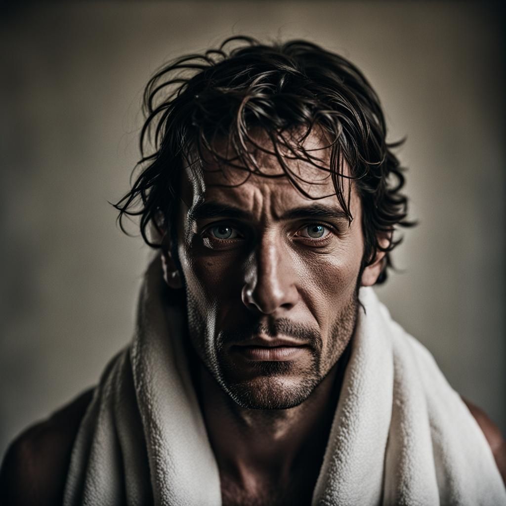 Intense Portrait of Man with Towel in Photographic Style