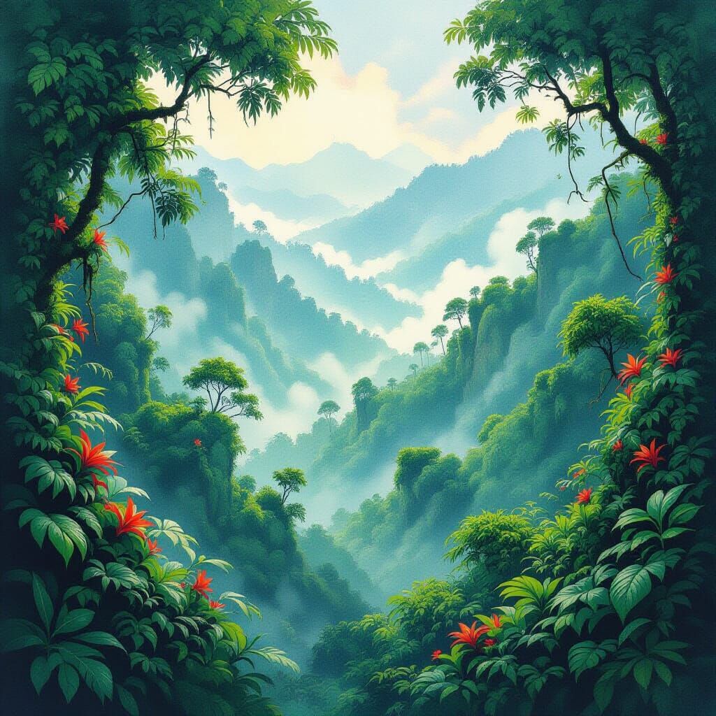Lush Costa Rican Cloud Forest in Watercolor Style