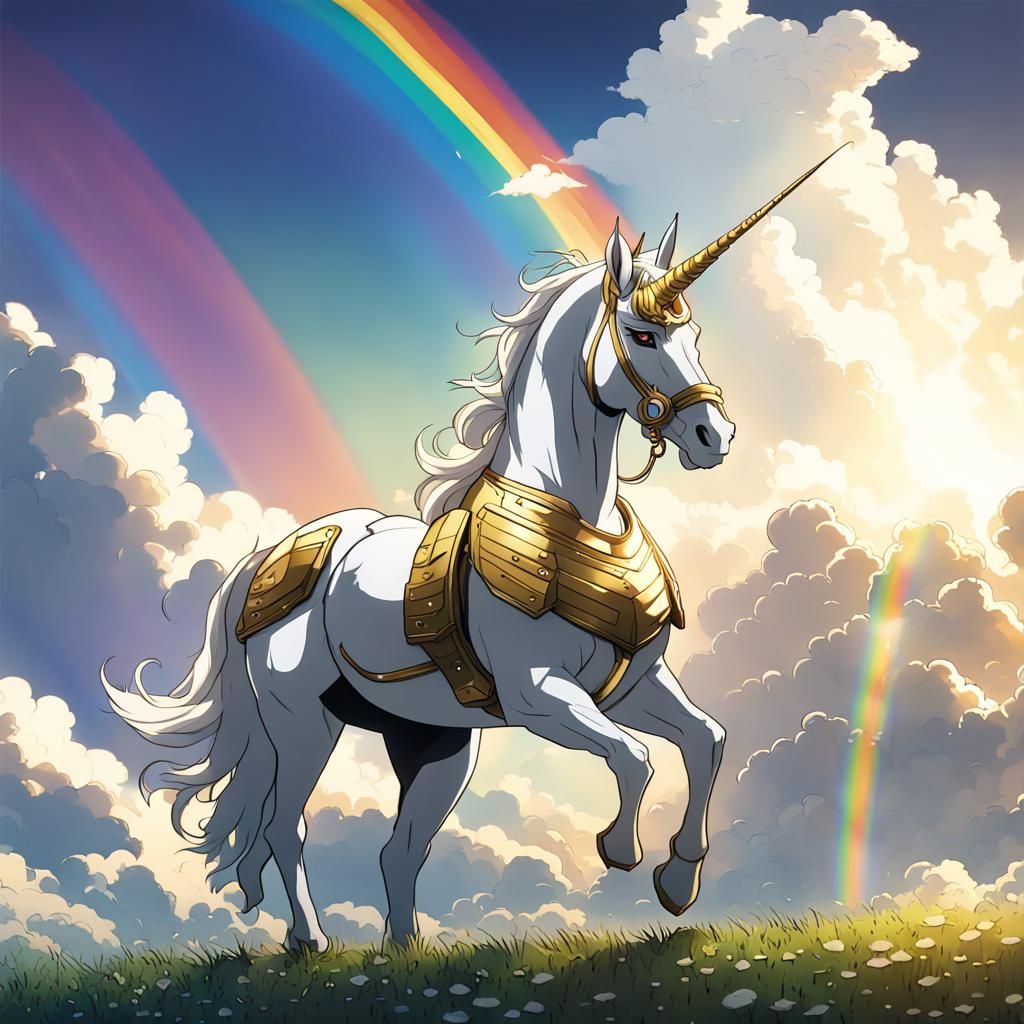 Armored Unicorn Under Rainbow: Ghibli-esque Anime