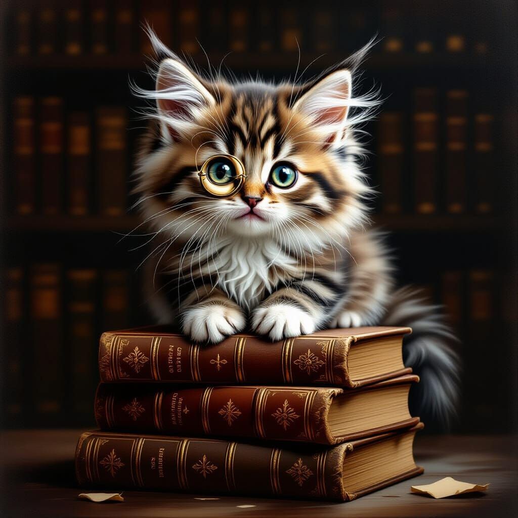 Fluffy Kitten with Giant Eyes on Antique Books