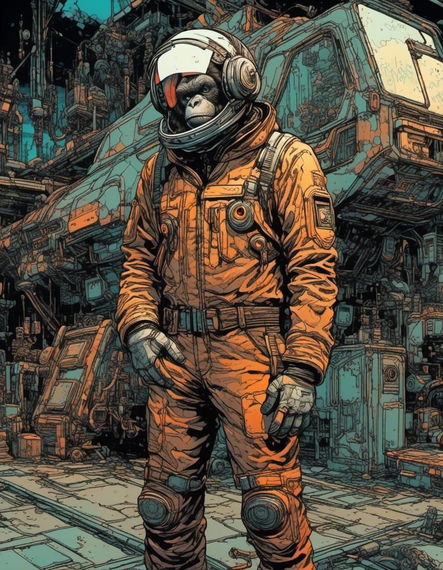 Retrofuturistic Portrait: Man and Monkey with Spaceship