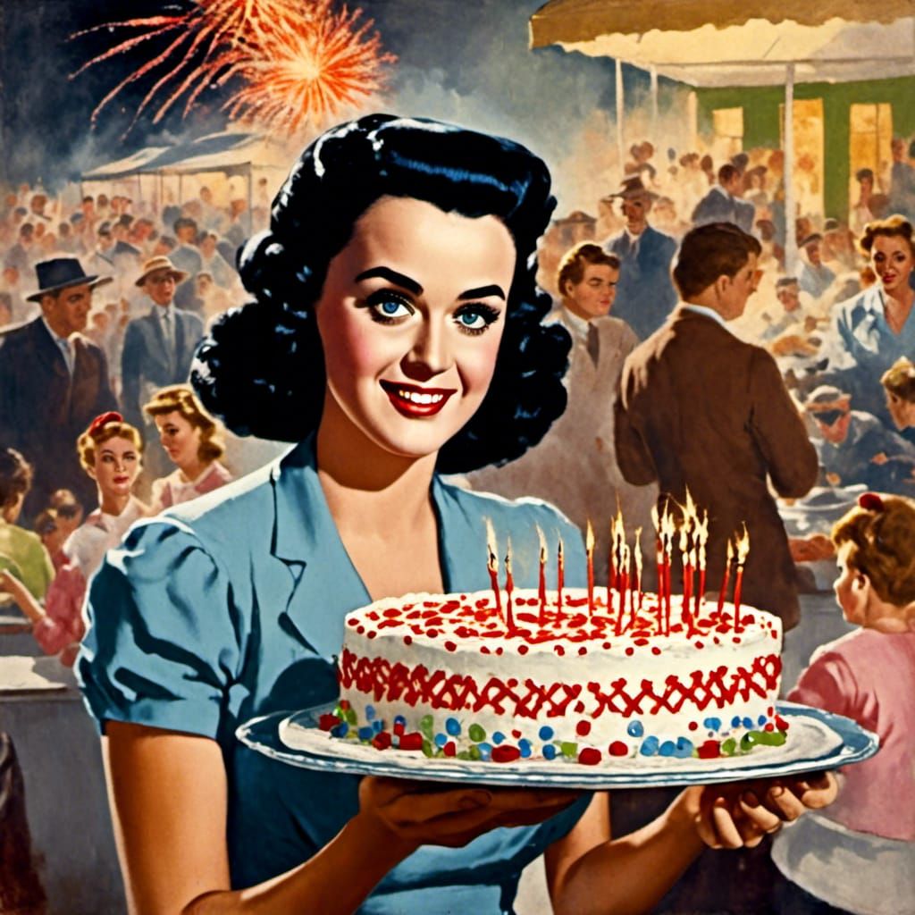 Katy Perry's Firework Cake: 1950s Oil Painting