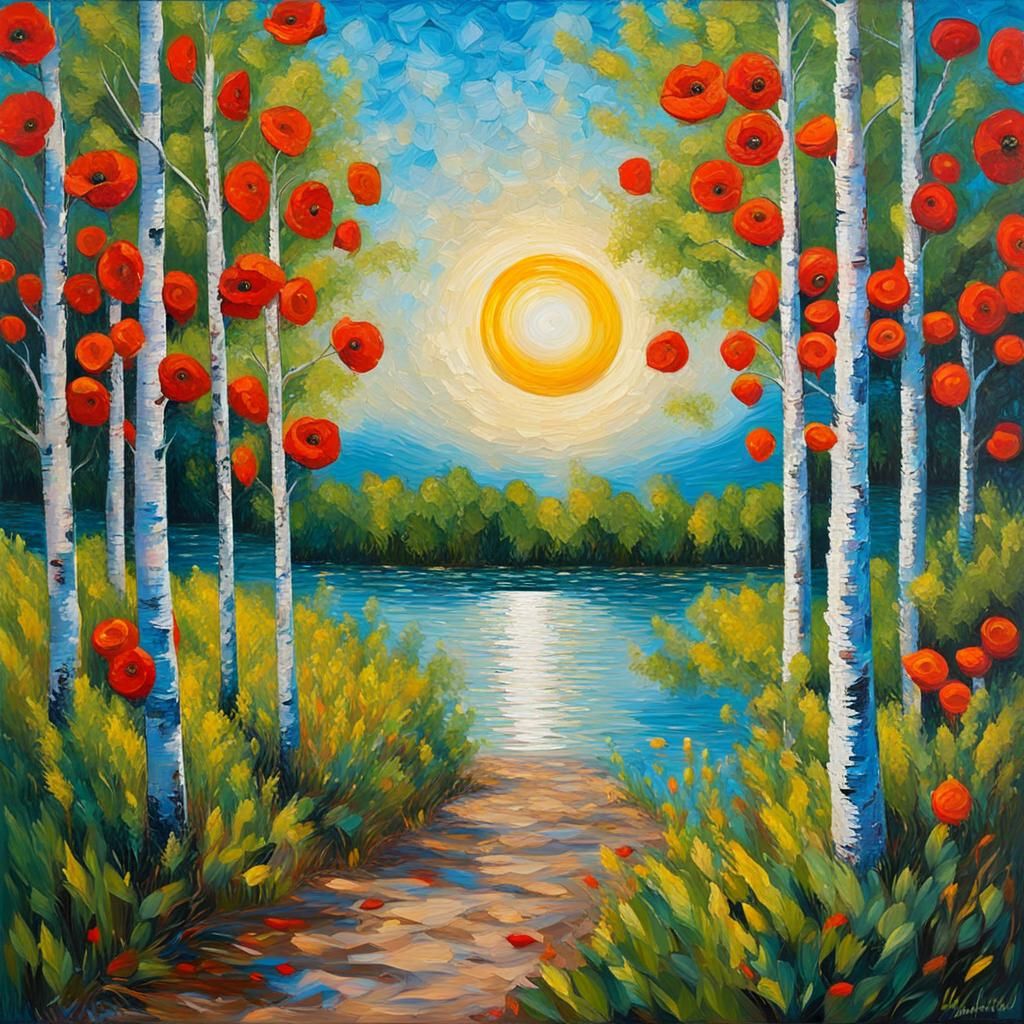 Poppy Seeds and Birch Trees in Impressionist Style