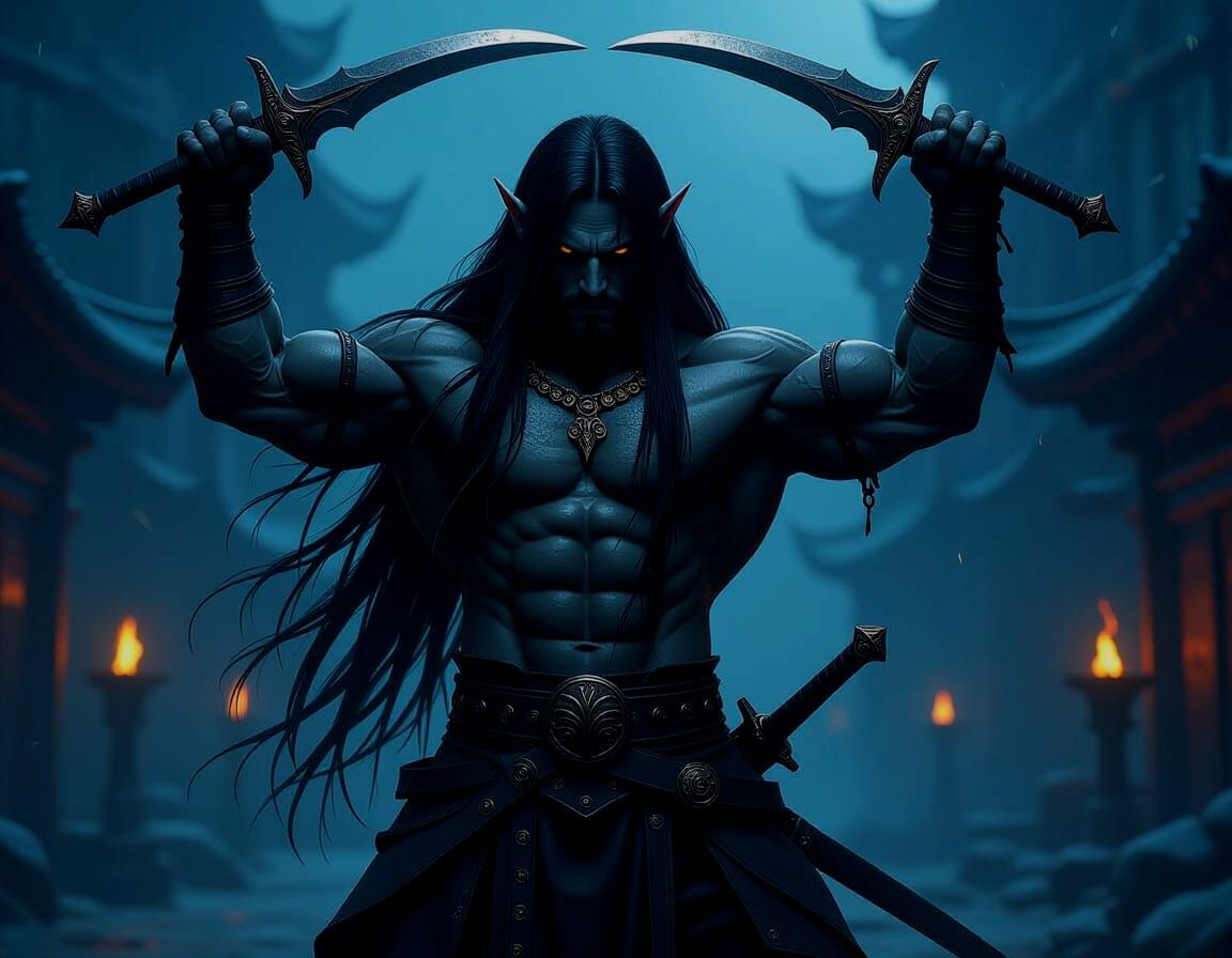 Drow Elf Warrior Battle Ready with Crossed Swords