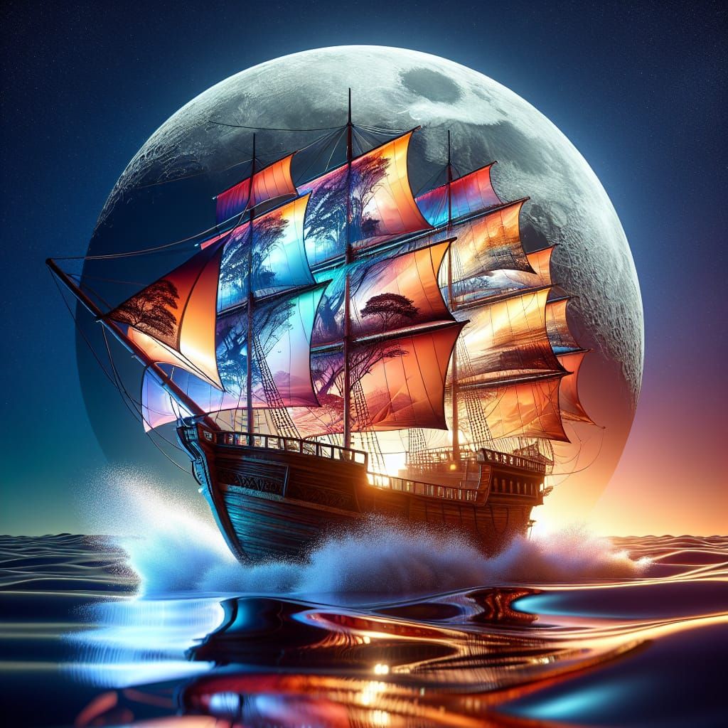 Ship Sails Displaying African Landscape in Moonlight