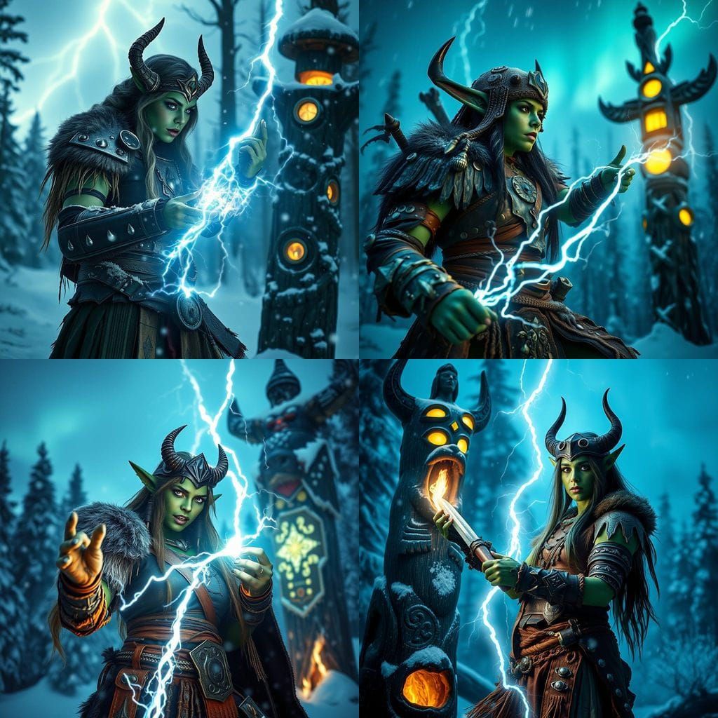 Orc Shaman Summons Lightning in Winter Forest