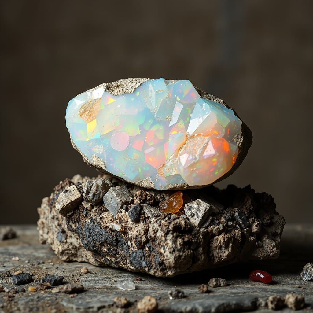 a large piece of freshly mined opal sapphire Weathered Iron and Oxidized Silver on  granite and quartz bedrock, still li...