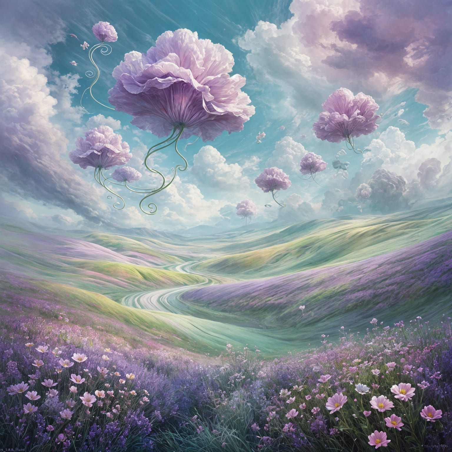 Dreamlike Floral Surrealism with Floating Flowers