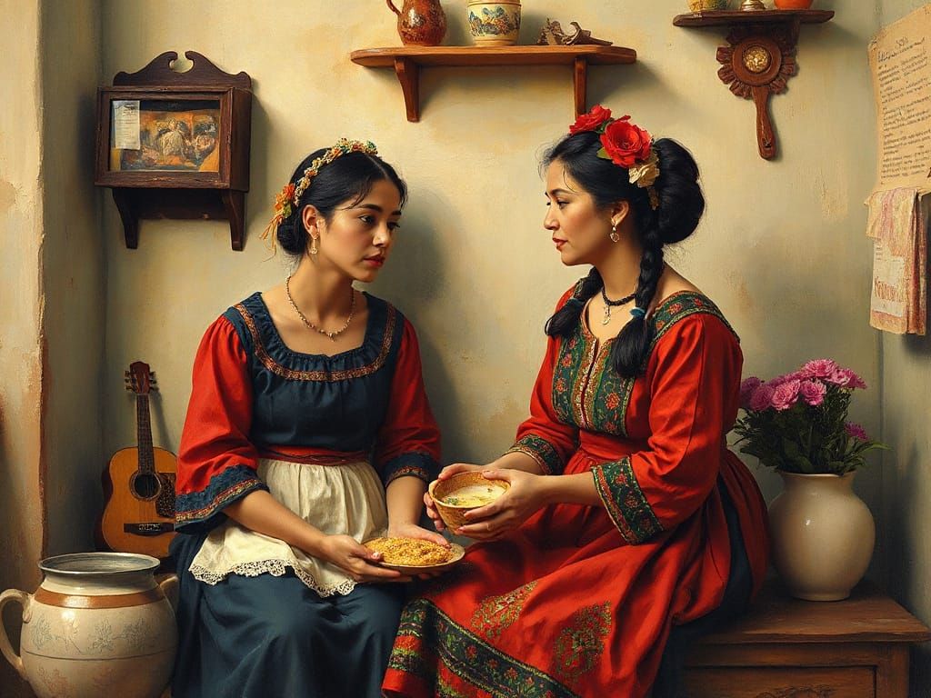 Intimate Feminine Scene in Traditional Mexican Folk Art Styl...