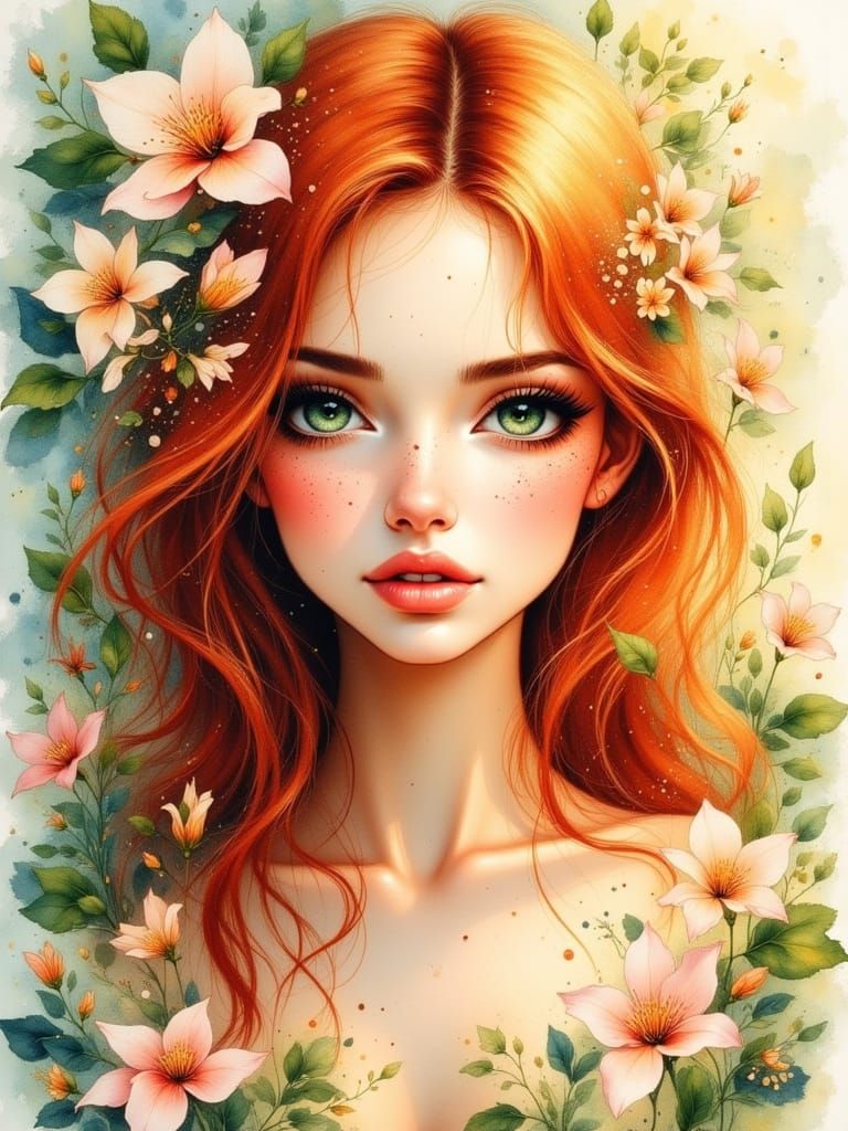 Watercolor Portrait of Woman with Flowers in Hair