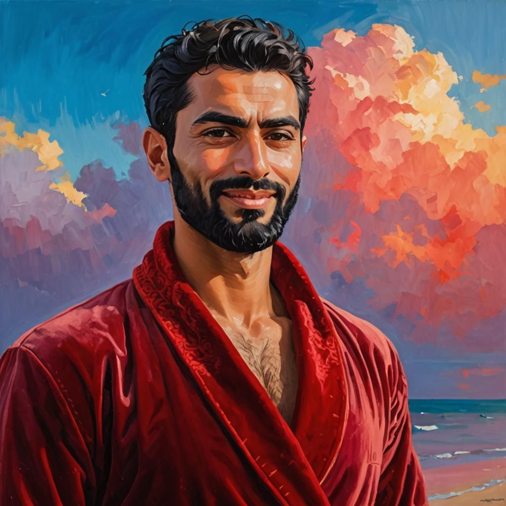 Arab Man in Red Robe: Impasto Oil Painting